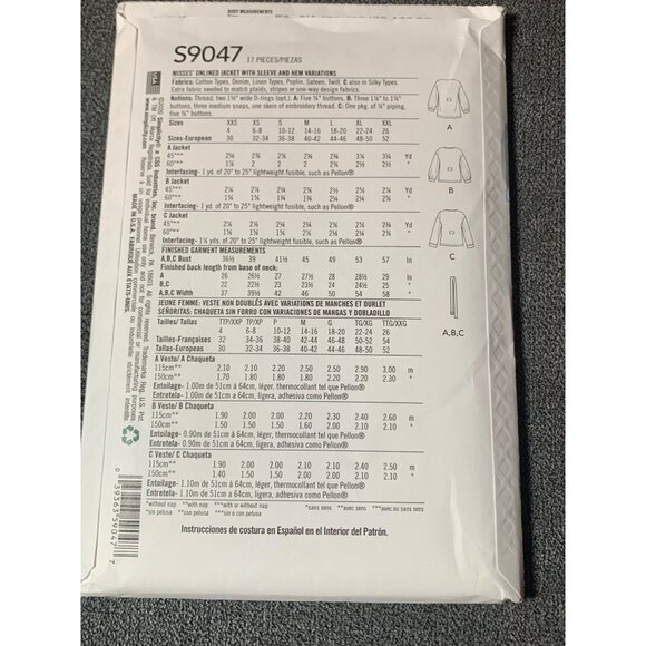 Simplicity S9047 Unlined Jacket Sewing Pattern XS-XXL uncut - Picture 2 of 2